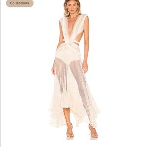 PatBo Fringe Mesh Cutout Maxi Dress in Wheat XS